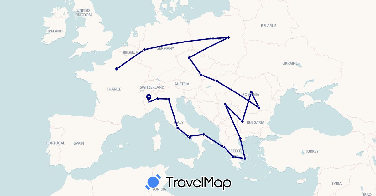TravelMap itinerary: driving in Austria, Bulgaria, Czech Republic, Germany, France, Greece, Hungary, Italy, Poland, Romania, Serbia (Europe)